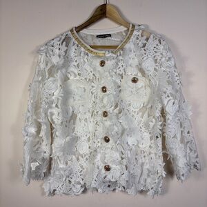 Michael Simon White Gold Lace Floral Sheer Button Front Jacket